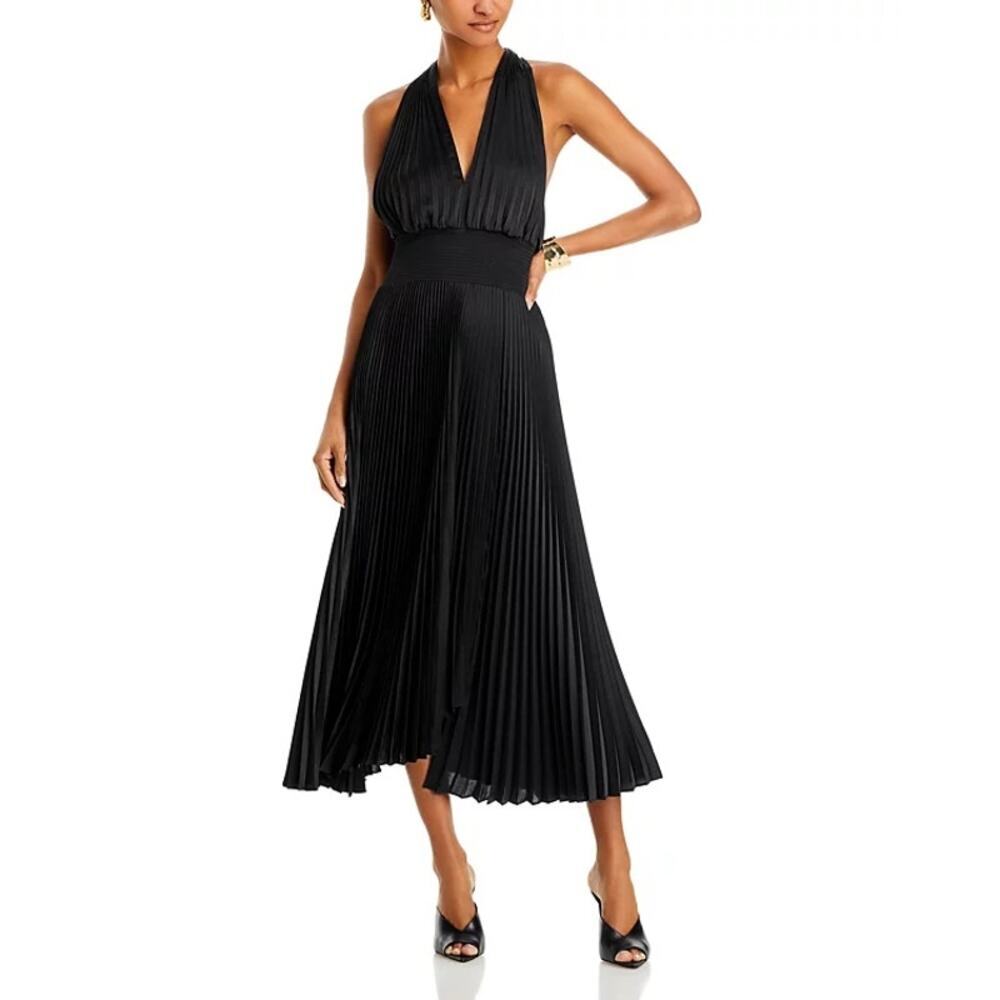 A.L.C. Rose Allover Pleated Ruched Halter Dress Sleeveless Black Size 8 Nwot
